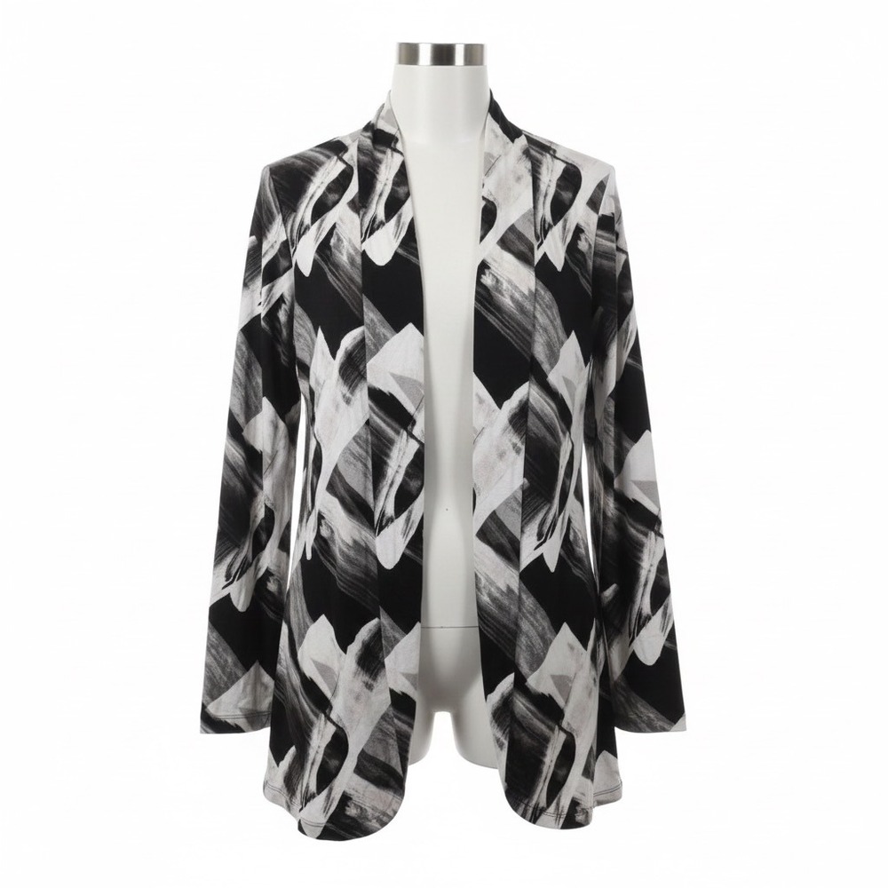 H by Halston Open Front Cardigan Jersey M Gray Black White‎ Abstract Geometric